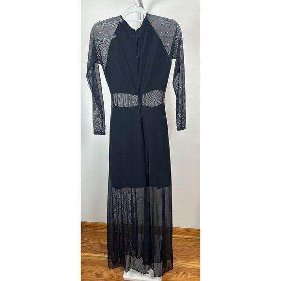 Vintage 90s Cache Formal Maxi Dress Rhinestone M Black Peekaboo Bandage Mesh - Picture 2 of 6